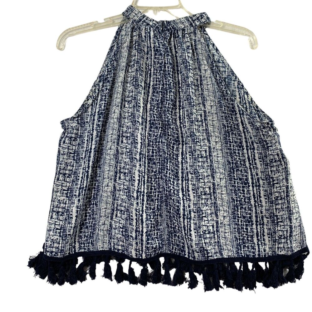 Paper Crane Top Womens Medium Navy Blue White Print Sleeveless Fringe Blouse